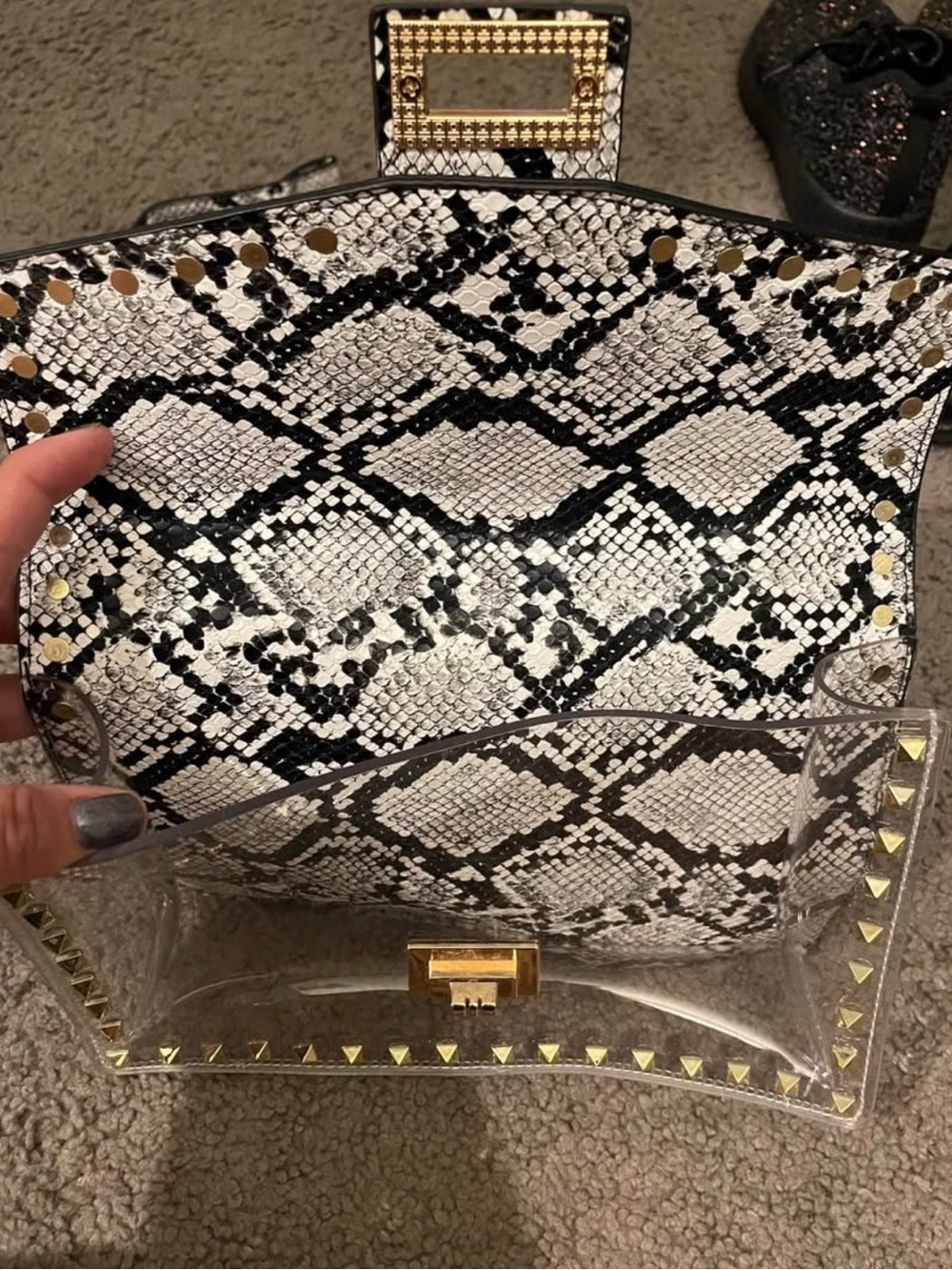 Clear Studded Crossbody Bag with Black & White Snake-Print Flap